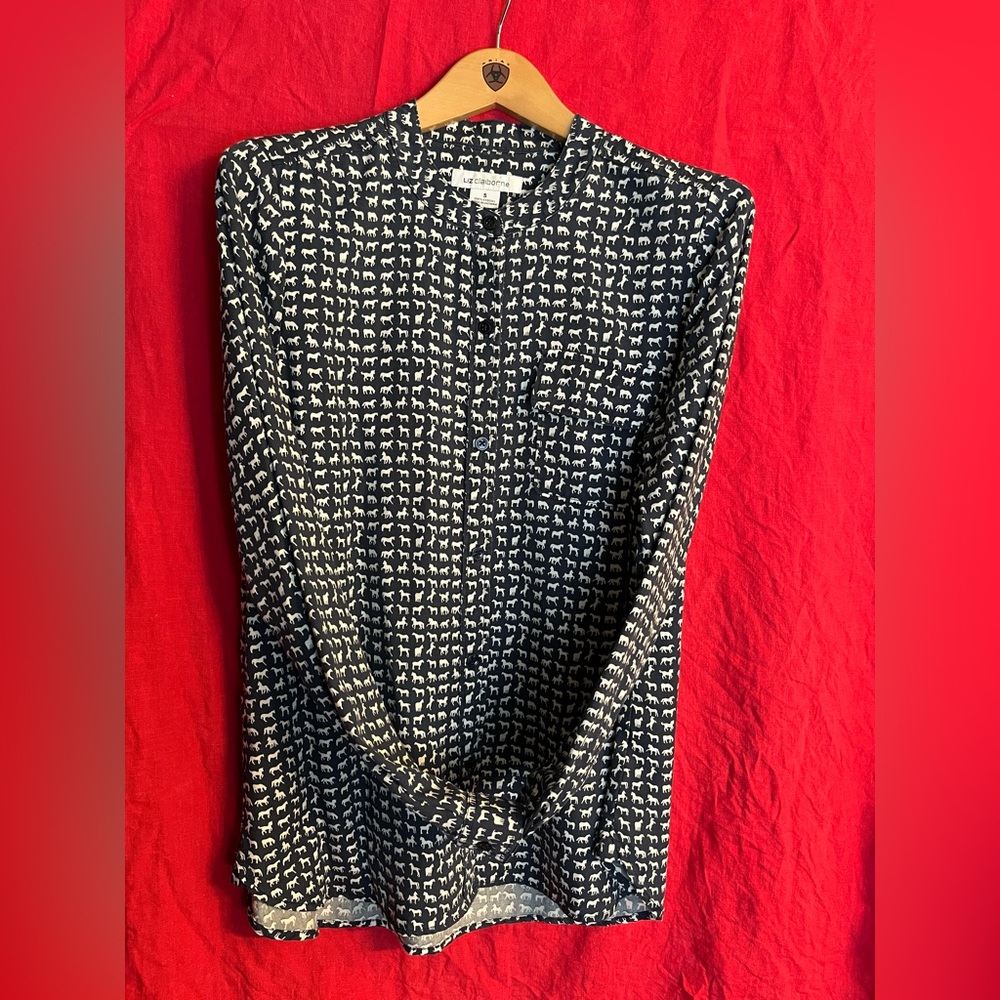 LIZ CLAIBORNE FABULOUS EQUESTRIAN PRINT SHIRT - DARK-NAVY-WHITE